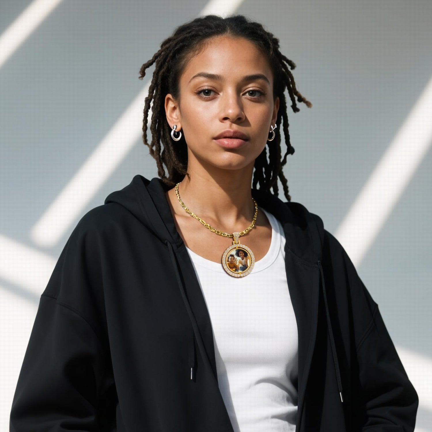 Custom Double Name Necklace & Bamboo Hoop Earring Set, Personalized Jewelry Set, Bling Nameplate