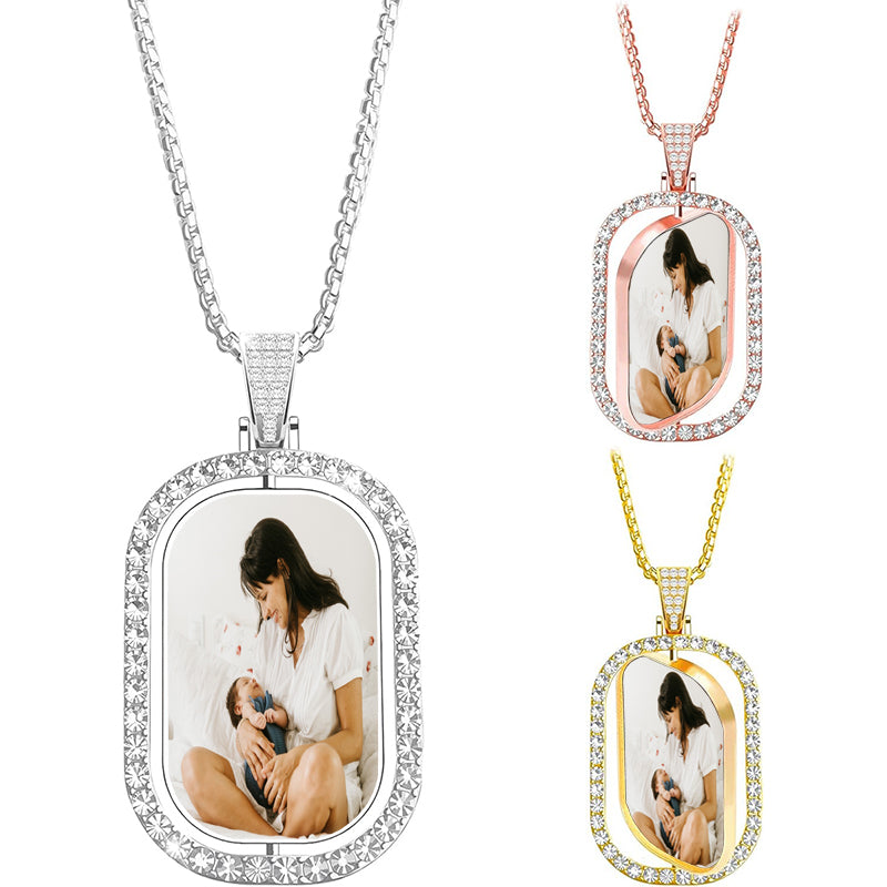 Personalized Hip Hop Memory Photo Necklace Pendant Custom Engraved Text for Men Women Copper Iced Out Angel Wing Round & Heart Charm Medal Rope Chain Jewelry Gift