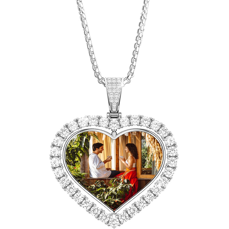 Personalized Heart Photo Necklace: Iced Out Crystal Spinner Charm