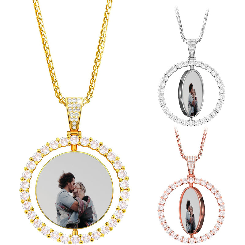 2 Sided Rhinestone Custom Photo Heart Necklace with Your Text in Silver or Finish - Personalized Picture Heart Charm